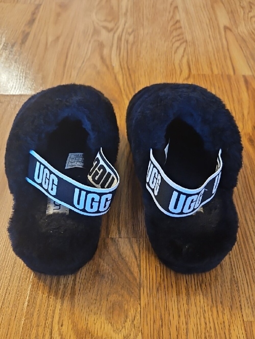 UGG Black Fluff Slides with Branded Heel Strap - Picture 2 of 4